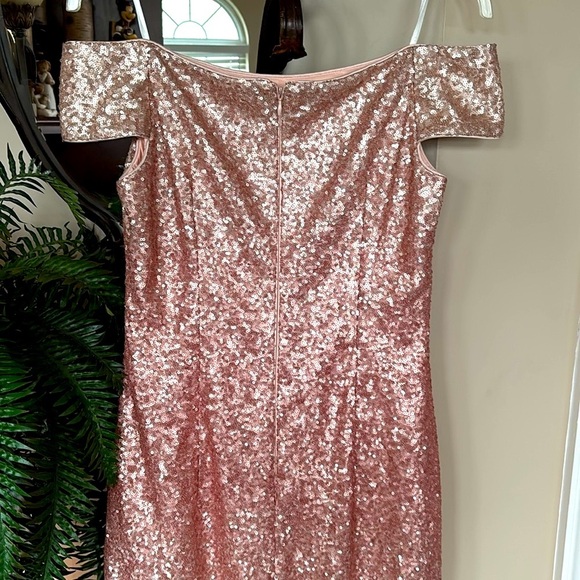 Vince Camuto Off Shoulder Coral Pink Ombre Sequin Dress Midi Sparkly Party - Picture 9 of 15